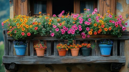 Fototapeta premium A rustic balcony with wooden railings and colorful wildflowers in pots, captured in ultra-high definition.