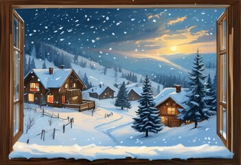Fototapeta premium in gemütlicher Blick durch ein Fenster auf eine verschneite Winterlandschaft mit einem beleuchteten Haus und einem Tannenbaum – perfekt für festliche Grußkarten. Generative KI.
