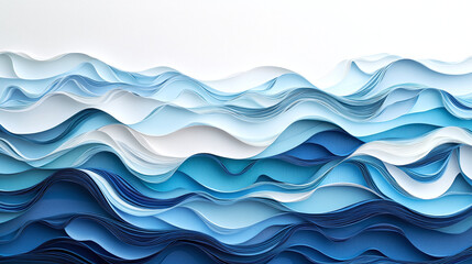 A scene of ocean waves crafted from layered paper cuts, featuring intricate textures and shades of blue and white, mimicking the flow of real water.