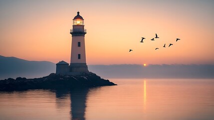 A serene lighthouse at sunrise with birds flying over calm waters.