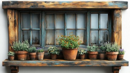 A rustic wooden window with iron accents and small flowerpots, set on a white background.