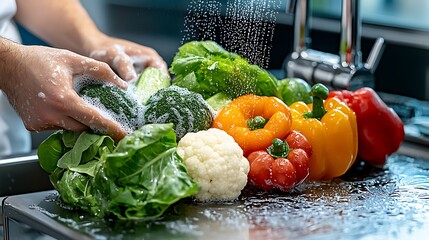 A chef standing in front of the sink meticulously washes a colorful assortment of raw vegetables. They take their time inspecting each vegetable, removing any blemishes or impurities they find