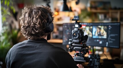 Male Content Creator in Modern Streaming Studio Adjusting Camera and Lighting Setup with Natural and Soft Light for Professional Live Streaming, Captured from Behind for Realistic Detail