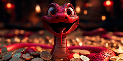 Adorable snake mascot with gold coins for chinese new year 2025. Happy red snake surrounded by treasure for lunar new year.