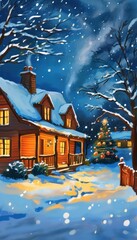 Weihnachtliche Dorfidylle mit schneebedeckten Häusern, beleuchtetem Weihnachtsbaum und friedlicher Winternacht – perfekt für eine stimmungsvolle Grußkarte. Generative KI
