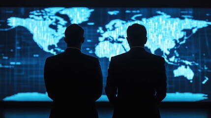 Experienced global executives reviewing advanced data analytics and projections displayed on high tech screens for strategic business planning and decision making