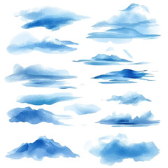 A collection of watercolor clouds in various shapes and sizes, showcasing soft blue hues that evoke a serene sky., isolated on a transparent background.