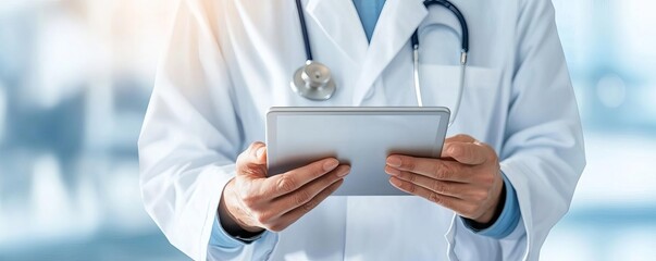 Tablet showing biotech regulation compliance, surrounded by minimalistic lab icons, bright and structured, capturing organized regulation adherence