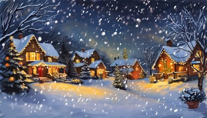 Fototapeta premium Weihnachtliche Dorfidylle mit schneebedeckten Häusern, beleuchtetem Weihnachtsbaum und friedlicher Winternacht – perfekt für eine stimmungsvolle Grußkarte. Generative KI 