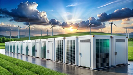 A futuristic battery storage facility powered by renewable energy, with large, eco-friendly storage units and a digital display showing energy levels