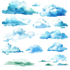 A collection of various watercolor-like cloud shapes in different sizes and shades of blue., isolated on a transparent background.