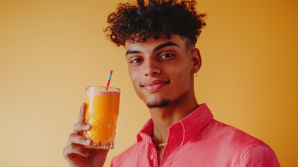 Young african american man enjoying fresh orange juice in vibrant studio