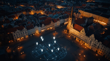 Fototapeta premium Aerial view of the Copenhagen skyline at night, with white pins on it representing buildings and shops that can be tiled to form a map for digital marketing, location pin icons floating 