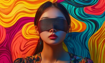 Obraz premium Woman with blindfold against colorful background.