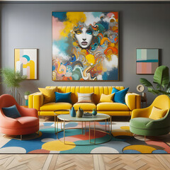 A brightly colored living room with a yellow sofa and colorful chairs