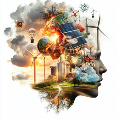 Innovative representation of renewable energy concepts, featuring silhouette of face surrounded by wind turbines, solar panels, and industrial elements. This embodies fusion of nature and technology,