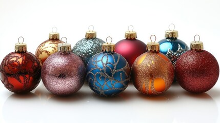 Obraz premium A set of colorful Christmas ornaments with glittery designs, arranged on a white background.