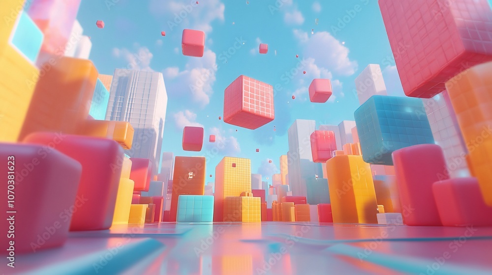 Poster abstract colorful city with floating blocks.