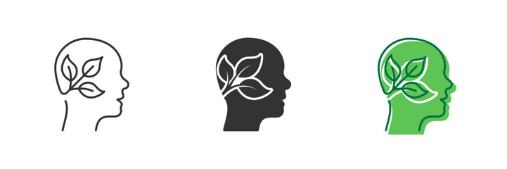 Heads with Leaves Symbolizing Eco Friendly Mindset and Sustainability. Environmental Awareness. Leaf and Person Brain Ecology Environment Concept Icon. Editable Stroke. Isolated Vector Illustration