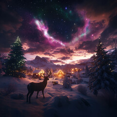 Fototapeta premium majestic reindeer stands proudly in snowy landscape, illuminated by stunning aurora borealis above charming village. scene captures magic of winter nights