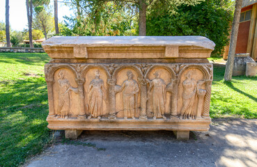 Ancient Roman and Greek sarcophagus discovered during the excavations of the ancient city of Aphrodisias in Turkey. The city was dedicated to the goddess Aphrodite.