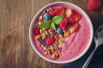 A bowl of fruit smoothie with blueberries, strawberries, and nuts