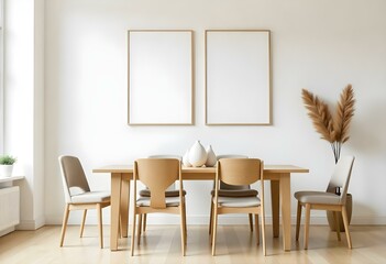 A minimalist dining room with a wooden table and chairs, two empty frames on the wall, and some decorative items on the table.