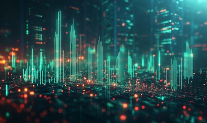 Obraz premium Stock chart with candlestick patterns, showing a bullish trend in green, modern financial analysis, 3D illustration