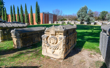 Ancient Roman and Greek sarcophagus discovered during the excavations of the ancient city of Aphrodisias in Turkey. The city was dedicated to the goddess Aphrodite.