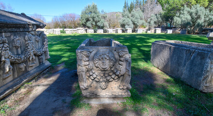 Ancient Roman and Greek sarcophagus discovered during the excavations of the ancient city of Aphrodisias in Turkey. The city was dedicated to the goddess Aphrodite.