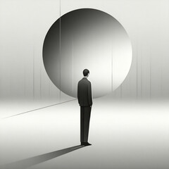 Obraz premium A striking minimalist illustration with a surreal approach, featuring a solitary figure in a flat, 1D world. The figure, represented by a simple black line, stands in an empty space