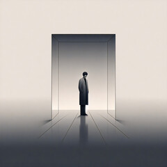 Obraz premium A striking minimalist illustration with a surreal approach, featuring a solitary figure in a flat, 1D world. The figure, represented by a simple black line, stands in an empty space
