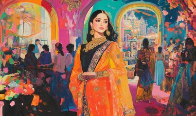 A colorful painting of a woman in a sari.