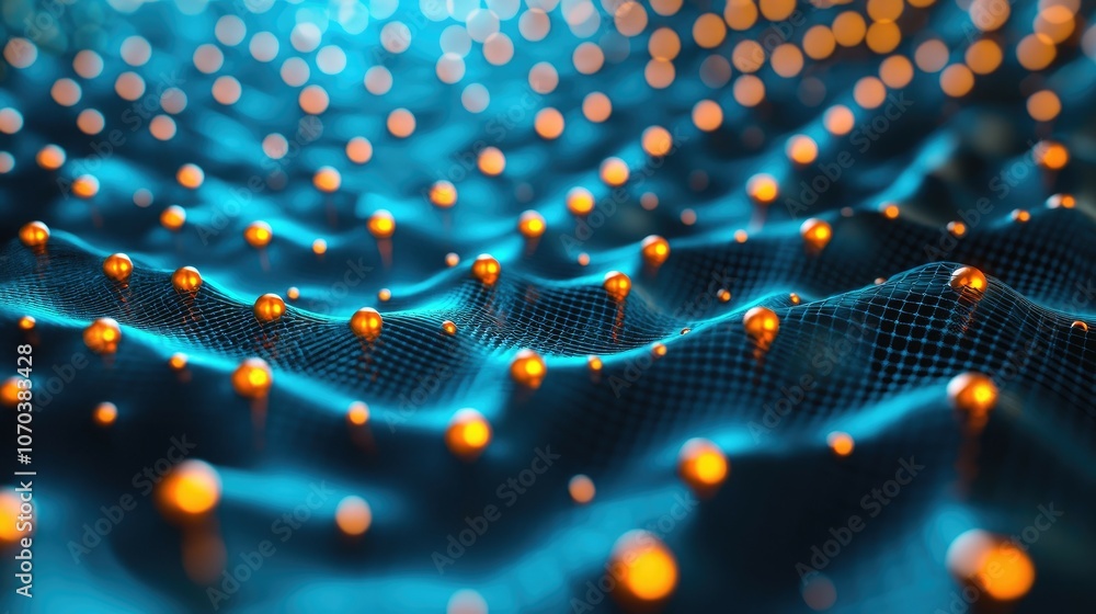 Poster abstract blue and orange spheres connected by a grid, creating a wavy, dynamic effect.