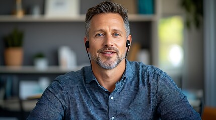 Naklejka premium A Caucasian man in his 30s, wearing a casual shirt and sitting comfortably in his home office, is engaged in a virtual meeting with his international team of colleagues
