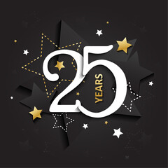 Naklejka premium 25 YEARS metallic gold and black vector typography card with stars