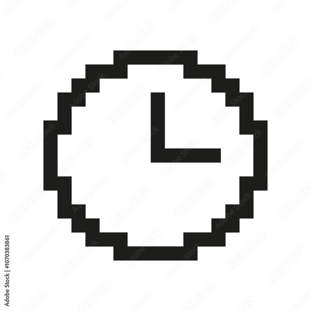 Poster pixel art clock with hour and minute hands icon. pixelated clock symbol of time. isolated vector ill