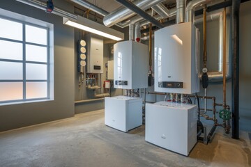 Modern heating system with boiler, pipes and control panel in boiler room