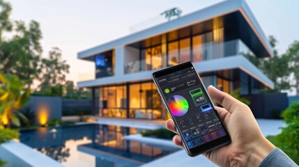 A person managing home energy through a smartphone app while enjoying a solar-powered house at dusk, surrounded by greenery and a swimming pool