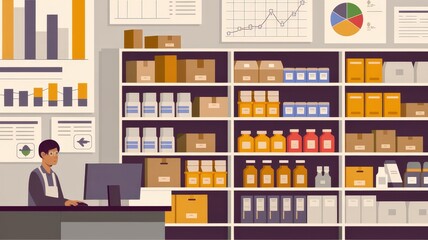 Stockroom Illustration with Organized Shelves and Goods