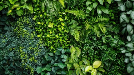 Green wall with various plants and leaves, Green plants background arranged vertically