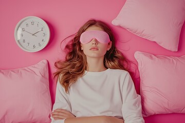 Girl with a sleep mask surrounded by a pillow and alarm clock on a pink background. A cozy, restful scene.