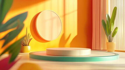 Modern minimalistic interior featuring a stylish porous podium on a shelf ideal for elegant product presentation and showcasing