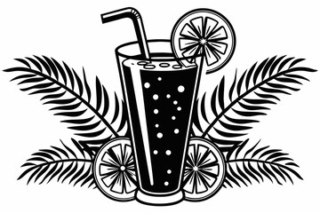 Refreshing Drink Illustration with Tropical Leaves and Citrus Slice. Stylish Black and White Cocktail Illustration with Citrus Slice and Leaves. Mocktail silhouette linocut vector art illustration. 