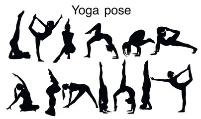 Yoga silhouettes.Yoga set silhouette illustration. Set of yoga Silhouette . Hand drawn black silhouettes. Female. Silhoutte person. Yoga pose.