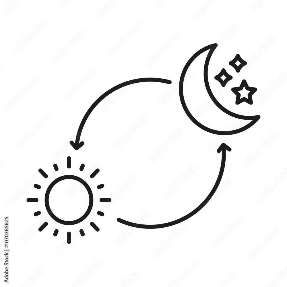 Poster day and night cycle line icon. sun and moon with arrows representing time transition outline symbol.
