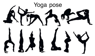 Yoga silhouettes.Yoga set silhouette illustration. Set of yoga Silhouette . Hand drawn black silhouettes. Female. Silhoutte person. Yoga pose.