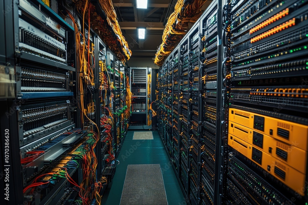 Fototapete server room corridor with blinking led lights showing working datacenter