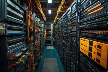 Server room corridor with blinking led lights showing working datacenter