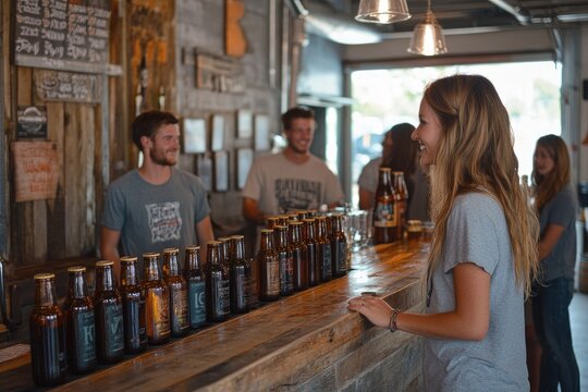 Young woman ordering craft beer at brewery bar counter